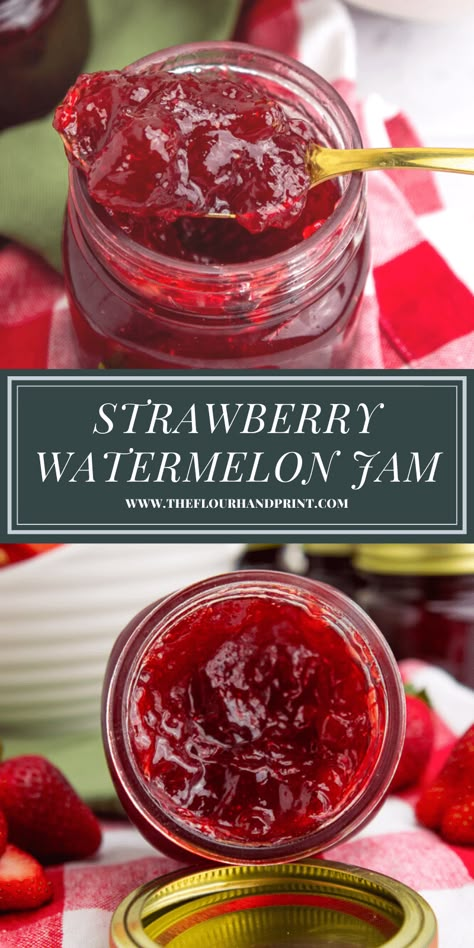 Strawberry watermelon jam is the perfect jam recipe for canning in the summer. It captures the freshness of watermelon and creates a bright strawberry infused homemade jam you'll be slathering on everything. #summerjamrecipes #summerjams #strawberryjam #watermelonjam #strawberrywatermelonrecipes #theflourhandprint #homecanning #jamforcanning Strawberry Watermelon Jam, Watermelon Canning Recipes, Watermelon Jam Recipe, Watermelon Recipes Dessert, Watermelon Jam, Canning Jams, Canning Jam Recipes, Can Jam, Jam Jam