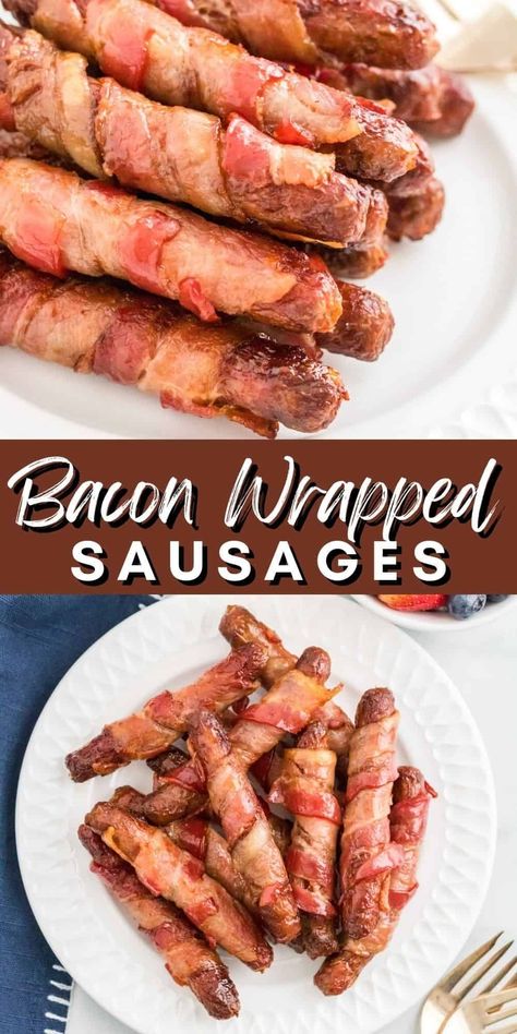 Want a breakfast that is the best of both the bacon and sausage world? This bacon wrapped sausage recipe from Tornadough Alli is the perfect combination! Crispy and savory, this recipe is one everyone will love! Try this breakfast recipe now! Bacon Wrapped Breakfast Sausage, Bacon Wrapped Conecuh Sausage, Sausage On A Stick, Bacon Wrapped Sausages, Bacon And Sausage, Sausage Wrap, Pork Breakfast Sausage, Breakfast Sausage Links, The Stay At Home Chef