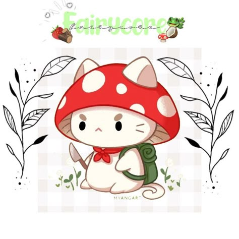 Mushroom cat Profiles Aesthetic, Cat Mushroom Hat, Cat With Mushroom Hat Drawing, Cat With Mushroom Hat, Mushroom Cat Painting, Mushroom Doodle, Cats And Mushrooms, Cat Mushroom, Red And White Mushroom