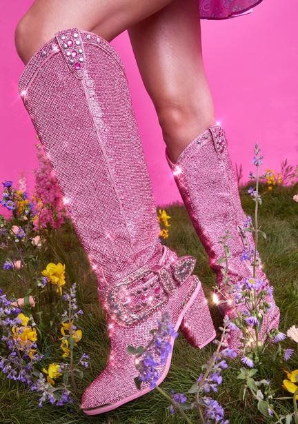 Princess Coquette, High Cowboy Boots, Knee High Cowboy Boots, Pink Cowboy Boots, Pink Cowgirl Boots, Dolls Kill Shoes, Pink Cowboy, Dr Shoes, Boot Bling