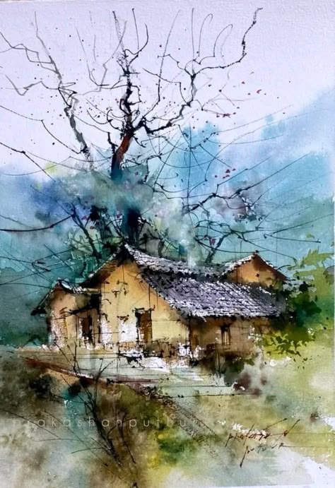 Prakashan Puthur Watercolor House Painting, Watercolor Scenery, Watercolor Paintings Nature, Watercolor Art Landscape, Canvas Art Projects, Watercolor Architecture, Watercolor Pictures, Landscape Art Painting, 수채화 그림