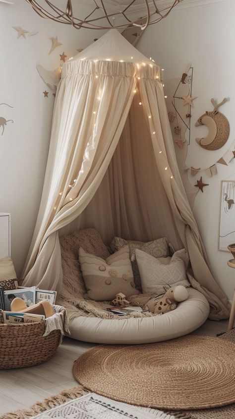 Download 'Cozy Reading Nook' - A tranquil corner features a cushioned nook adorned with twinkling lights, creating a magical reading space. - Get this free stock photo and more high-quality images on StockCake. No attribution required. Shabby Chic Reading Corner, Cozy Corner Playroom, Loft Reading Nook Cozy Corner, Reading Corner Hallway, Reading Nook Room Ideas, Baby Room Reading Corner, Reading Corner With Canopy, Reading Corner Ideas Bedroom, Reading Corner Girls Bedroom