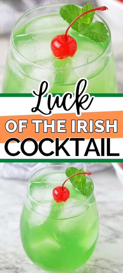 The Luck of the Irish Cocktail is a refreshing green St. Patrick's Day cocktail made with smooth Irish whiskey, peach schnapps, and blue curacao. St Patricks Drinks Alcohol, Luck Of The Irish Cocktail, Irish Alcoholic Drinks, St Patrick’s Cocktails, Irish Liquor Drinks, Irish Beverages, Brewery Decorations, Irish Drinks Cocktails, St Patty Drinks