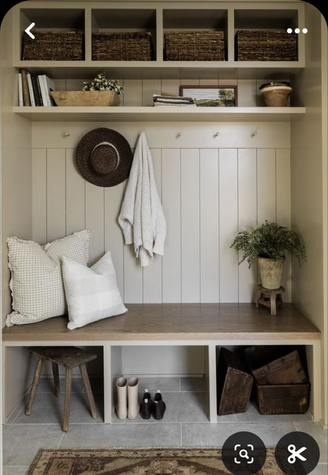 Front Entry Built In, French Country Mudroom Ideas, Boho Mudroom Entryway, Closet Cubby Ideas, Closet Entryway Ideas, Mudroom Small Space, Front Door Mudroom Entryway, Entry Closet Mudroom, Cute Mudroom