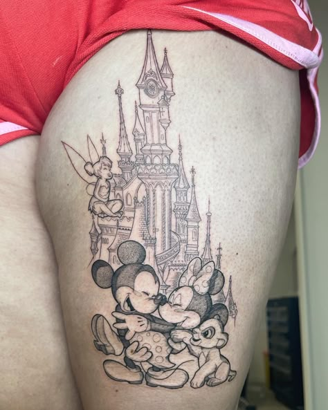 Mickey And Minnie Tattoo, Disney World Tattoo, Tattoo Ideas Disney, Disney Thigh Tattoo, Tiny Disney Tattoo, Disney Castle Tattoo, Mickey And Minnie Tattoos, Minnie Tattoo, Disney Inspired Tattoos