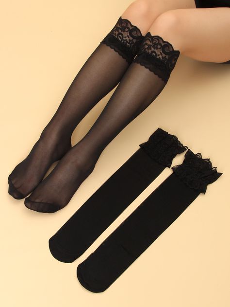 Black    Nylon Plain Over the Calf Socks Embellished   Women Socks & Hosiery Calf High Socks, Over The Calf Socks, Black Layers, Black Formal, Lace Socks, Women Socks, Calf Socks, Themed Outfits, Black Nylon