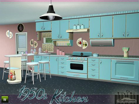 BuffSumm's 1950s Kitchen Part 1 1950’s Kitchen, 50s Furniture, Shop Apartment, 50s Kitchen, 1950s Furniture, Sims 4 Decades Challenge, Ts3 Cc, Resource Furniture, 1950s Kitchen