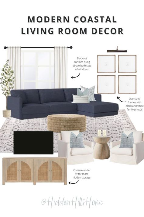 Modern Living Room Blue, Coastal Modern Living Room, Sectional Living Room Decor, Blue Couch Living, Contemporary Living Room Chairs, Family Room Sectional, Living Room Mood Board, Modern Coastal Living Room, Blue Sofas Living Room