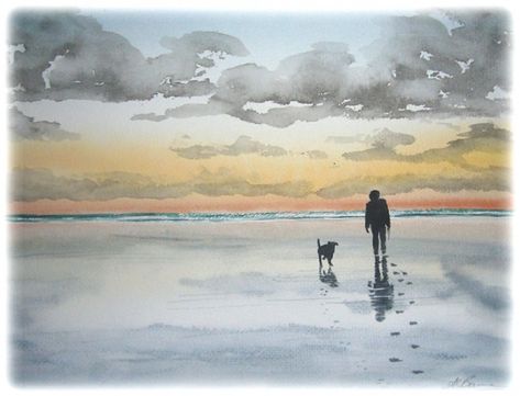 Dogs On Beach Painting, Man And Dog Painting, Dog Watercolor Painting Easy, Man And Dog Drawing, Watercolour Reflections, Watercolour Dogs, Beach Sketches, Dog Watercolor Painting, Tree Watercolor Painting