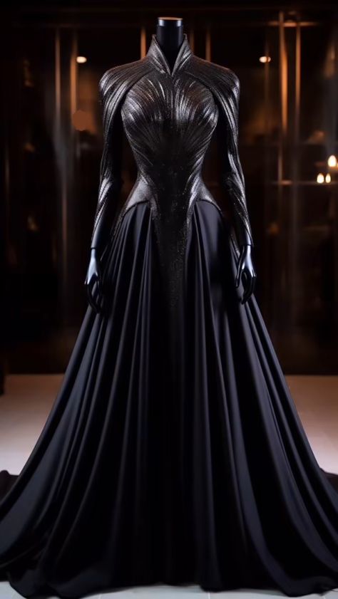 Dark Gowns Evil Queens, High Priestess Dress, Black Game Of Thrones Dress, Leather Ball Gown, Fantasy Gown Aesthetic, Armor Dress Black, Fantasy Dress Armor, Black Medieval Dress Aesthetic, Fantasy Gowns Warriors Dragon