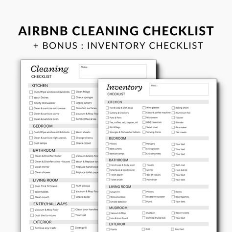 This Airbnb Cleaning Checklist is perfect for hosts to track cleaning tasks between Airbnb guests. We also include a thorough inventory checklist to make sure that all of your amenities are in place and ready for your guests to enjoy.  Never miss a Cleaning Task again and Get more 5-star Reviews!!  [ WHAT'S INCLUDED ]  - 1 Page Cleaning Checklist (A4 + US Letter) - 1 Page Inventory Checklist (A4 + US Letter) ---------------------------------------------- [ HOW IT WORKS ]  1. The Download is avai Airbnb Inventory Checklist, Housekeeping Checklist, Airbnb Cleaning Checklist, Inventory Checklist, Airbnb Templates, Housekeeper Checklist, 2024 Planning, Bbq Essentials, Inspection Checklist