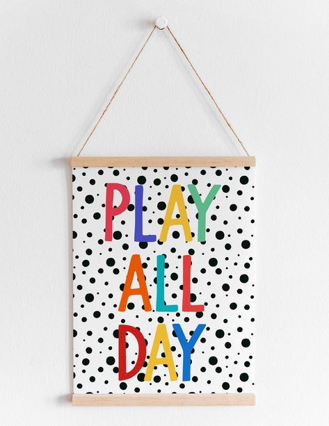 Cute Graphic Print Sets For Playtime, White Graphic Print Sets For Playtime, Play All Day Sign, Woodland Deer Nursery, Kids Playroom Wallpaper Quotes, Playroom Words On Wall, Leaf Quotes, Deer Nursery, Play All Day