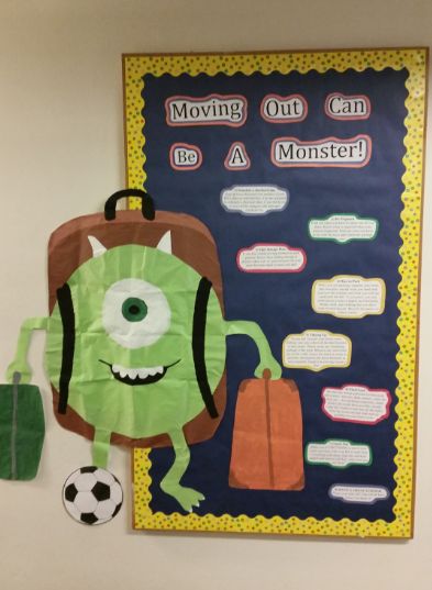 Monsters University Ra Theme, Move Out Bulletin Board Ra, Monsters Inc Classroom, Residence Life Bulletin Boards, Ra Programs, Resident Assistant Bulletin Boards, Ra Themes, Ra Door Decs, Ra Bulletins