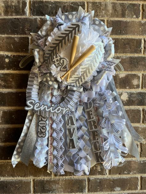 Baseball Hoco Garter, White And Gold Garter Homecoming, Hoco Garters Baseball, Homecoming Garters For Guys Baseball, Baseball Mums Homecoming, Baseball Garter Homecoming, Garter Mums Homecoming, Senior Garter Homecoming Boys, Garter Ideas Homecoming