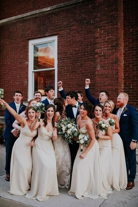 Navy Suits With Champagne Dresses, Ivory And Navy Wedding, Navy Suit And Champagne Dress, Midnight Blue And Champagne Wedding, Navy Blue Suit With Champagne Tie, Navy And Champagne Bridal Party, Wedding Color Palette Classic, Champagne Bridesmaid Dresses And Navy Suits, Beige And Navy Blue Wedding