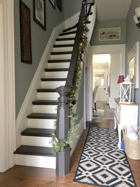 Century Old Farmhouse Christmas - Designs By Karan Old Farmhouse Christmas, Farmhouse Basement, Farmhouse Staircase, Farmhouse Design Ideas, Farmhouse Stairs, Stairs In Kitchen, House Staircase, Farmhouse Renovation, Staircase Makeover