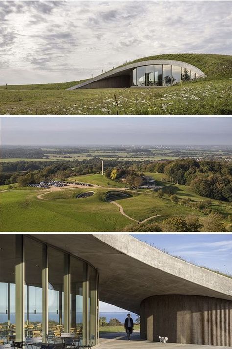 The new visitor centre at Skamlingsbanken in Kolding is an architectural portal to the glacial landscape and its history of democratic events. The centre is designed as a natural and integrated part of the undulating landscape and from the overall design to the small details, visitors will experience an architecture that finds its origin in Skamlingsbanken's unique nature and history. #architonic #architecture #facade #naturalfacade #exteriordesign #lanscape #nature #visitorcenter #denmark Landscape Integrated Architecture, Nature Incorporated Architecture, Nature Integrated Architecture, Visitor Centre Architecture, Berm Architecture, Mound Architecture, Undulating Architecture, Nature House Architecture, Research Center Architecture