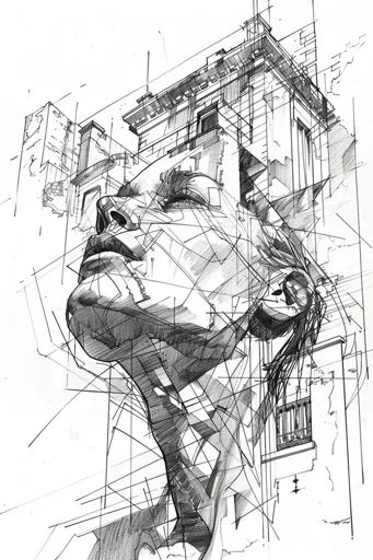 ↑↑↑ Larger size on website 🔸 The image is a pencil sketch of a woman's face with an architectural background. The woman's face is 🔸 From Midjourney AI Image Digital Art Architecture, Abstract Architecture Drawing, Drawing Portfolio Ideas, Monochrome Architecture, Structures Art, Angles Art, Visual Creativity, Structure Drawing, Perspective Architecture