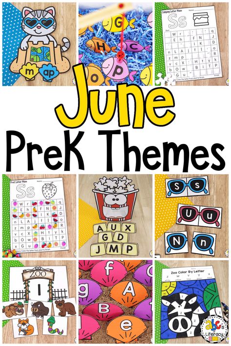 These June Preschool Themes and printable activities will help you plan your PreK summer units and lesson plans. July Preschool Themes, June Preschool Themes, Summer Themes For Preschool, Summer Theme Ideas, Themes For Preschool, Summer Literacy Activities, Summer Preschool Themes, Alphabet Clip Cards, Letter Recognition Games