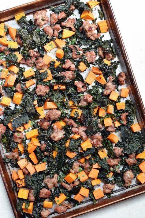 Kale Bake, Sausage Sweet Potato, Kale Sausage, Sweet Potato Bake, Jambalaya Recipe Easy, Easy Chilli, Egg Free Breakfast, Sausage Kale, Baked Kale