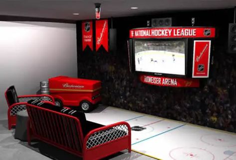 Get Stick With These 10 Epic Hockey Man Cave Ideas – Man Cave Know How Hockey Themed Room, Hockey Man Cave, Hockey Room Decor, Best Man Caves, Boy Sports Bedroom, Hockey Room, Teenager Bedroom Boy, Coffee Table Plans, Ultimate Man Cave