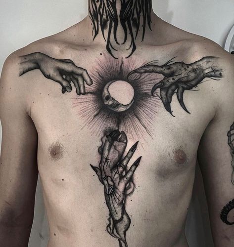 Forest Neck Tattoo, Dark Chest Tattoo, Gothic Arm Tattoo, Tattoo Blackwork Dark, Gothic Chest Tattoo, All Black Tattoos, Geometric Sleeve Tattoo, Occult Tattoo, Throat Tattoo