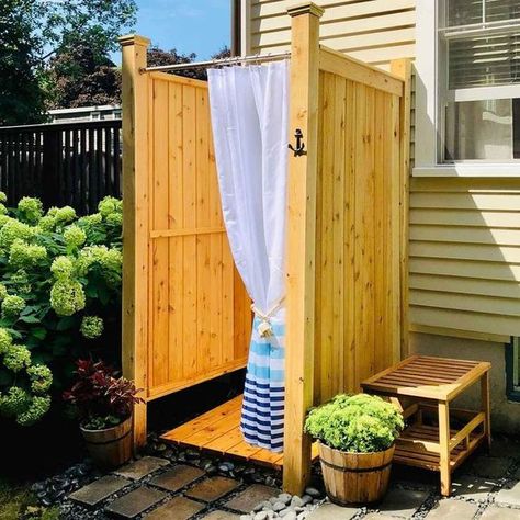 Outdoor Shower Ideas Backyards, Diy Outdoor Shower Ideas, Outdoor Shower Ideas, Outdoor Shower Kits, Outdoor Shower Enclosure, Cute Shower Curtains, Faux Tiles, Hanging Wall Planters, The Family Handyman