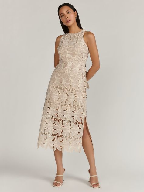 Just Me Halter Neck Floral Lace Midi Dress - Brands We Love | New York & Company Modest Neckline, Evening Gala, Figure Flattering Dresses, New York And Company, Lace Dresses, Lace Midi, Lace Midi Dress, Fit And Flare Dress, Fit Flare Dress