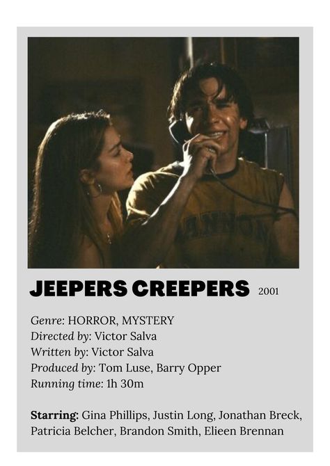 Jeepers Creepers Poster, Jeepers Creepers Movie, Holiday Movies List, American Horror Movie, Halloween Movie Night, Halloween Film, Movie To Watch List, The Creeper, Spooky Movies