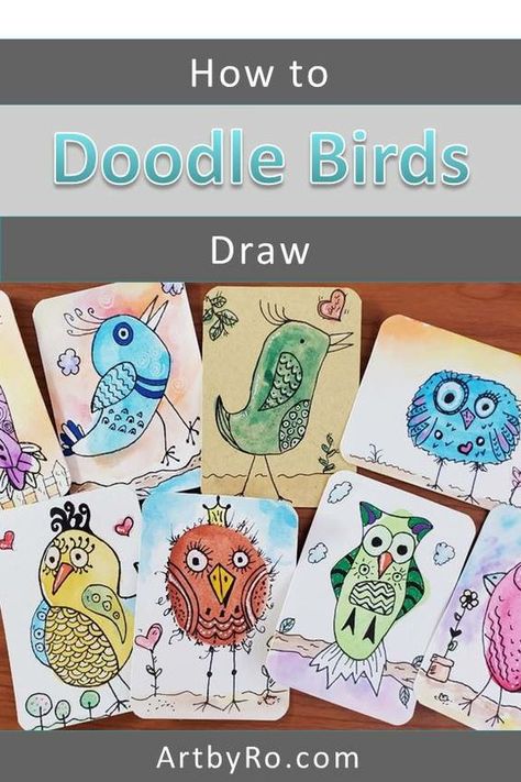 Zentangle Birds Doodles, Doodle Birds To Draw, Whimsical Bird Art Watercolors, Wash And Ink Watercolour, Doodling With Watercolor, Cute Easy Bird Drawings, Doodles On Watercolor, Watercolor And Ink Doodles, Whimsical Drawings Doodles