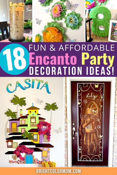 collage of DIY Encanto decorations with text that says "18 fun & affordable Encanto party decoration ideas!" Encanto Decorations Diy, Encanto Party Ideas Diy, Encanto Birthday Diy, Simple Encanto Birthday Decor, Encanto Diy Party Decorations, Encanto Birthday Party Ideas Diy, Encanto 1st Birthday Party Ideas, Encanto Door Diy, Encanto Birthday Party Diy