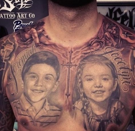 Cool Chest Realistic Portrait Children Tattoo for Men ... #tattooideas #chesttattoos Chest Tattoo Roman Numerals, Steve Soto, Sneakerhead Bedroom, Children Tattoos, Potrait Tattoo, Children Tattoo, Man Tattoos, Portrait Tattoo Sleeve, Og Abel