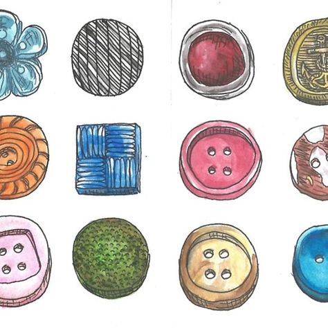 Collection of buttons - beautiful pen and watercolor drawing / painting by Mariana Santos. Available on different redbubble products! Button Drawing Art, Cool Objects To Draw, Button Sketch, Buttons Illustration, Button Drawing, Button Illustration, Button Tattoo, Buttons Design, Aesthetic Objects