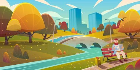 Cartoon autumn landscape of city park wi... | Free Vector #Freepik #freevector #park #city-park #park-illustration #alley Man Reading Newspaper, Coffee Vector Illustration, Cartoon Autumn, Park Illustration, Cartoon City, Man Reading, Reading Newspaper, Coffee Vector, River Bridge