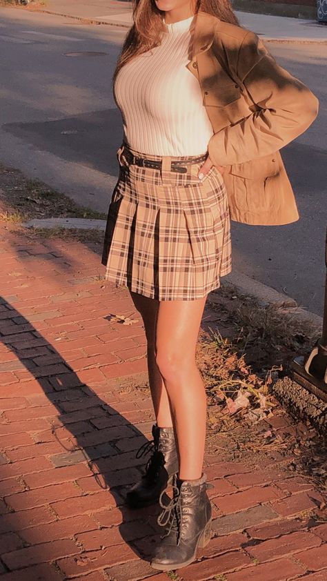 Plaid skirt, white turtkeneck, tan jacket, black heel booties , salem massachusetts Tan Plaid Skirt Outfit, Brown Checkered Skirt Outfit, Plade Skirt Outfit Aesthetic, Beige Plaid Skirt Outfit, White Top Outfit Summer, Plaid Skirt Outfit Fall, Brown Plaid Skirt Outfit, Cardigan Skirt Outfit, Tan Skirt Outfits