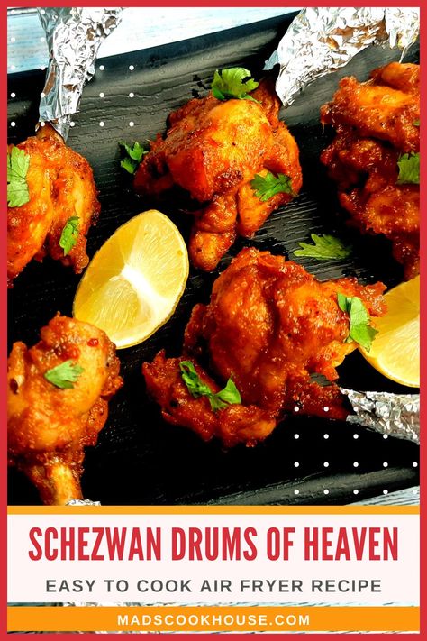 Chicken lollipops or drums of heaven coated with a spicy and lip-smacking Schezwan sauce. Try this super easy and healthy air fryer version of the popular Indo-Chinese starter. #ChickenLollipop #DrumsOfHeaven #SchezwanChicken Chicken Lollipops Recipe, Drums Of Heaven, Lollipops Recipe, Schezwan Chicken, Lollipop Recipe, Schezwan Sauce, Healthy Air Fryer, Chicken Lollipops, Asian Chicken Recipes