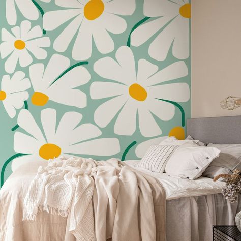 Printed on demand to fit perfect on your wall. Buy Daisy Fresh wallpaper today or come in and see our other designs. Welcome to Happywall.com! Accent Wall Designs Paint, Wall Designs Paint, Room Mural Ideas, Fresh Wallpaper, Bathroom Mural, Accent Wall Designs, Flower Wall Decals, Sensory Room, Vintage Pattern Design