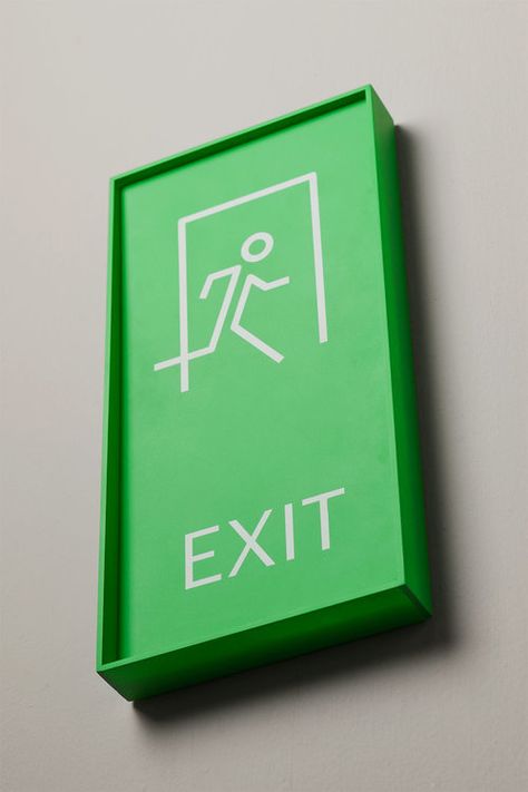 Emergency exit sign in matte painted acrylic and UV printed. Emergency Exit Signs, Room Signage, Hotel Signage, Food Logo Design Inspiration, Wayfinding Signage Design, Office Signage, Indigo Design, Sign System, Wayfinding Design