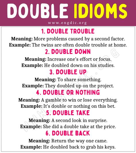 Double Idioms Idioms In English, English 101, Grammar Help, English Collocations, English Teaching Resources, English Phrases Idioms, English Language Learning Grammar, Idioms And Phrases, Different Meaning