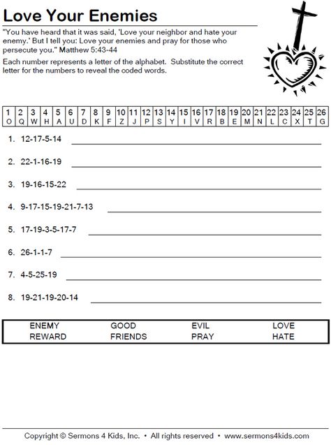 Love Your Enemies - Decoder Puzzle Love Your Enemy Craft, Love Your Enemies Craft, Samuel Bible Story, Sunday School Worksheets, Sunday School Printables, Bible Crafts Sunday School, Bible Object Lessons, Childrens Sermons, Sunday School Classroom