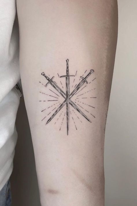 2 Swords Tattoo, Three Swords Tattoo, 3 Swords Tattoo, Small Spear Tattoo, Three Swords Tattoo Design, 3 Of Swords Tattoo, Fine Line Dagger Tattoo, Spine Dagger Tattoo, Fine Line Tattoo Men