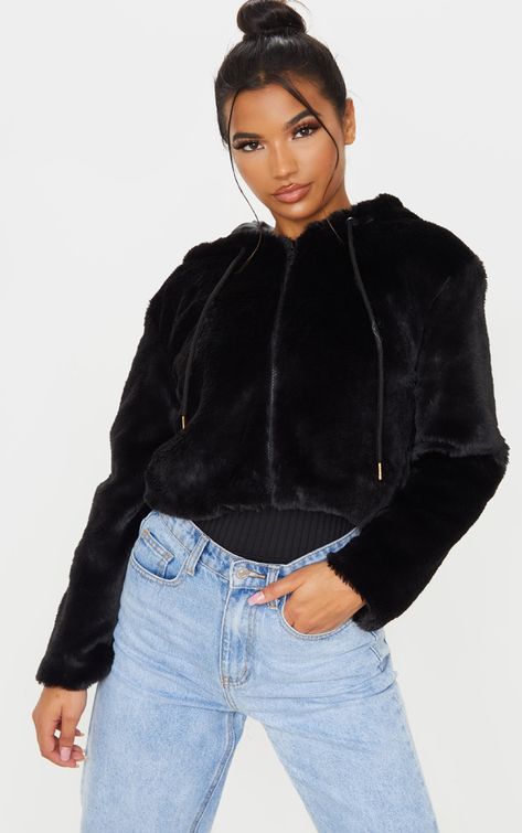 Black Cropped Faux Fur Jacket With Hood | PrettyLittleThing USA Fur Hooded Coat, Black Faux Fur Jacket, Faux Fur Hooded Coat, Faux Fur Cropped Jacket, Faux Fur Material, Waist Jacket, Faux Fur Fabric, Style Noir, Black Faux Fur