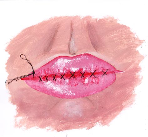 Acrylic painting of a mouth. The mouth is stitched with a thread and needle. This relates to the aspect of my manifesto regarding time being too short to spend it spreading negativity. Mouth Taped Shut Art, Stitched Mouth, Mouth Painting, Mouth Tattoo, Thread And Needle, Lips Painting, Art Final, Girl Vintage, Book Art Diy