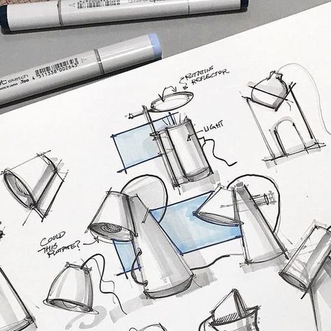 MCKAY NILSON on Instagram: "Getting started with some rough ideation for an upcoming lighting project. What makes a great lamp? I’d love to hear your insights! . . . . . #industrialdesign #idsketching #designlife #designer #designinspiration #graphicdesign #designlovers #illustration #sketchbook #sketch #sketching #productdesign #design #artist #art #freelancer #copic #copicmarkers #copicart #prismacolor #designprocess #lightingdesign" Lamp Art Draw, Lamp Design Drawing For Intermediate, Lamp Sketch Drawings, Lamp Sketch Design, Flashlight Design Sketch, Illustration Sketchbook, Copic Art, Presentation Design Template, Light Project