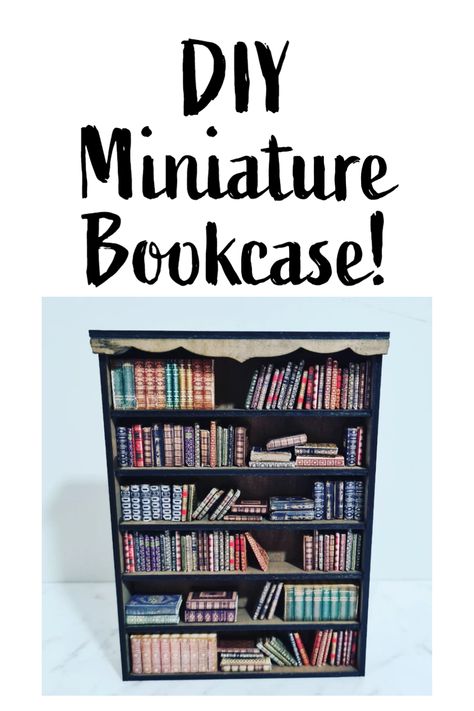 Miniature books. I've made SOOOO many for my miniatures, I think I can comfortably say I have enough to fill an entire miniature library. I made this bookcase with my laser cutter. A template is available in my etsy store. Miniature Book Case Diy, Books In Bookshelves, Book Nook Miniature Diy, How To Make A Mini Bookshelf, Miniature Bookcase Diy, Mini Bookcase Diy, Diy Miniature Bookshelf, Mini Brands Books, Miniature Library Diy