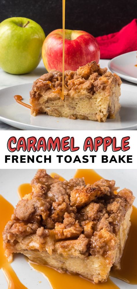 Every bite of this Caramel Apple French Toast Bake will have you enjoying the tastes of Fall at breakfast. The combination of baked French toast, apples, custard mixture, and caramel sauce, with a cinnamon streusel topping means lazy weekend mornings around the table will never be the same! Easy Make Ahead Breakfast Casserole, Apple Breakfast Casserole, Caramel Apple French Toast, Apple French Toast Bake, Baked Caramel Apples, French Toast Recipe Cinnamon, Apple French Toast Casserole, Cinnamon Streusel Topping, Apple French Toast