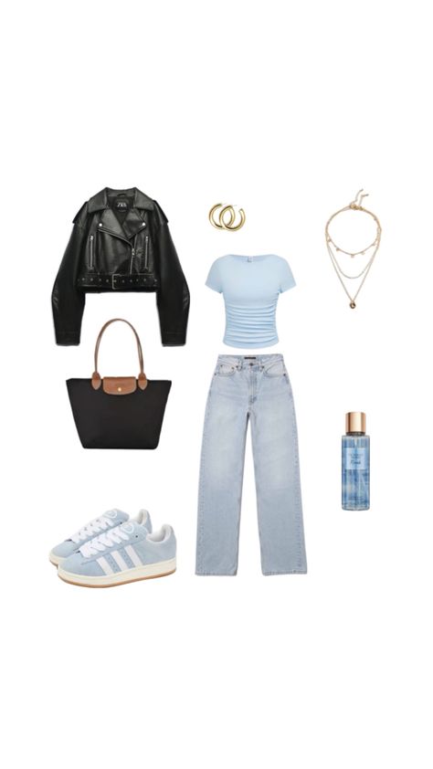 Jeans bleu clair haut bleu et veste en cuir Outfit Jean Bleu, Outfit Jean, Jean Outfits, Clothes, Denim Outfits