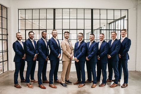 Summer wedding | modern wedding | white wedding dress | v-neck wedding dress | wedding dress with train | tan groom suit | navy groomsmen suit | mix'nmatch bridesmaids | wedding greenery | wedding florals Groom In Tan Groomsmen In Navy, Sage Green Bridesmaid Dresses With Navy Groomsmen Suits, Brown Groomsmen Suits, Tan Groom Suit, Tan Groom, Navy Bridal Parties, Tan Suit Wedding, Navy Blue Groomsmen, Navy Groomsmen Suits