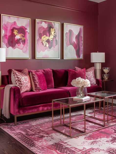 20+ Pink Color Room Design Delights for a Captivating Home • 333+ Images • [ArtFacade] Pink Vintage Living Room, Fuschia Living Room, Pink Sitting Room, Hot Pink Living Room, Pink Couch Living Room, Farrow And Ball Living Room, Classic Furniture Living Room, Burgundy Living Room, Pink Office