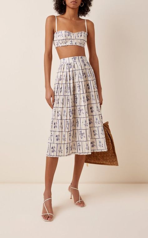 Khaite Indira Pleated Cotton Bra Top Cotton Skirt Design, Cotton Skirt And Top, Khaite Dress, Catherine Holstein, Woodstock Vermont, Dorothy Dandridge, Floral Tile, Cotton Bra, Skirt And Top Set